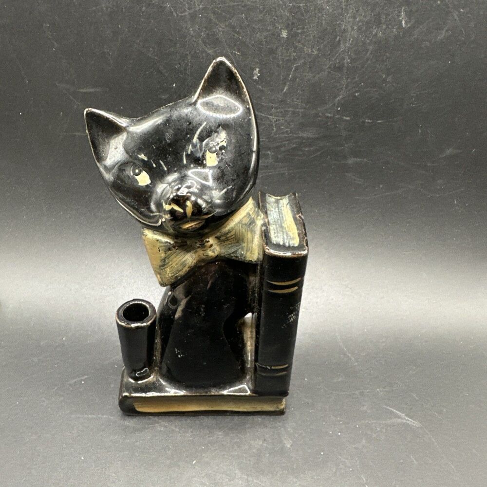 Vitage Red Ware Black Cat Pencil Holder Book End Gold Bow Tie & Accents Japan